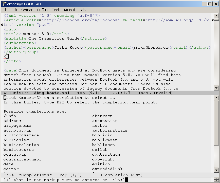 Emacs with nXML mode is providing guided editing and validation