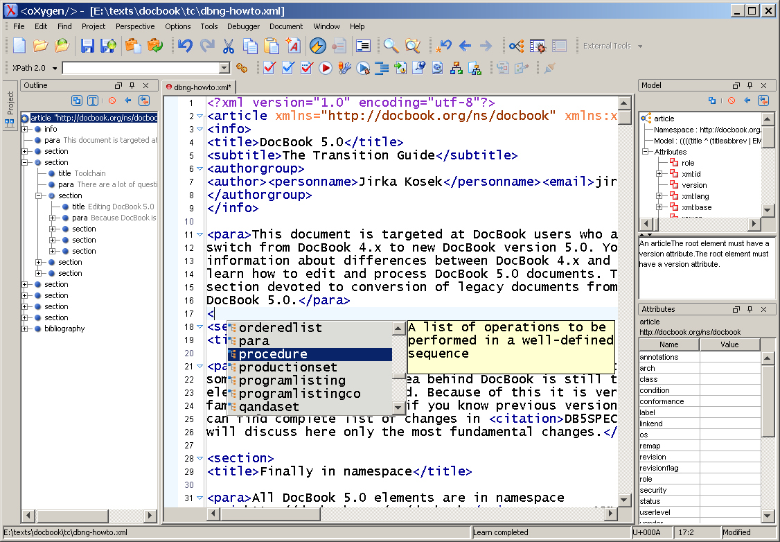 DocBook V5.0 document opened in oXygen