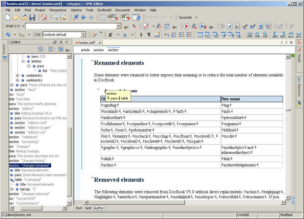 DocBook V5.0 document opened in oXygen in Author mode